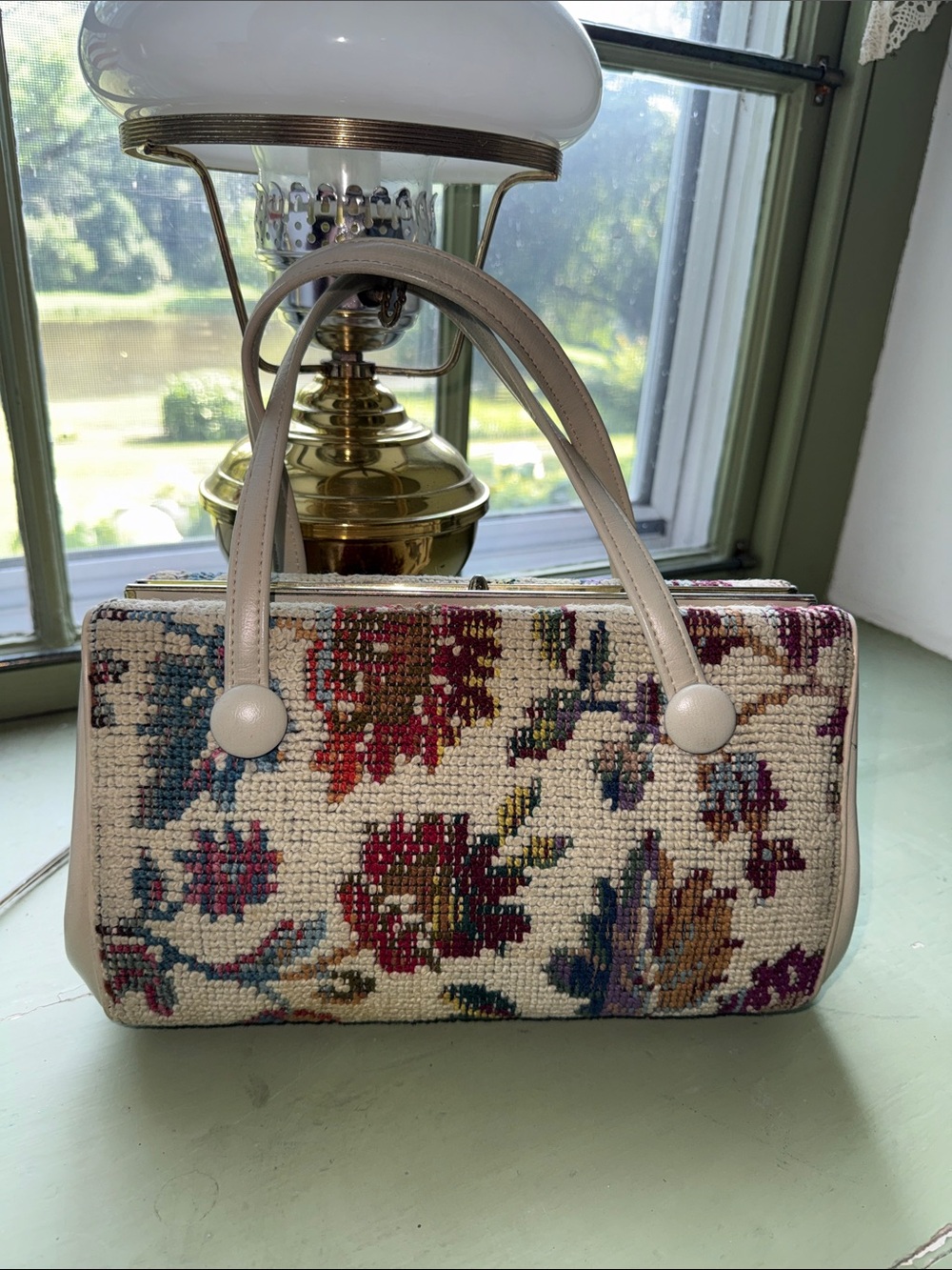 Vintage Floral Tapestry/Needlepoint Handbag with Cream  Handles